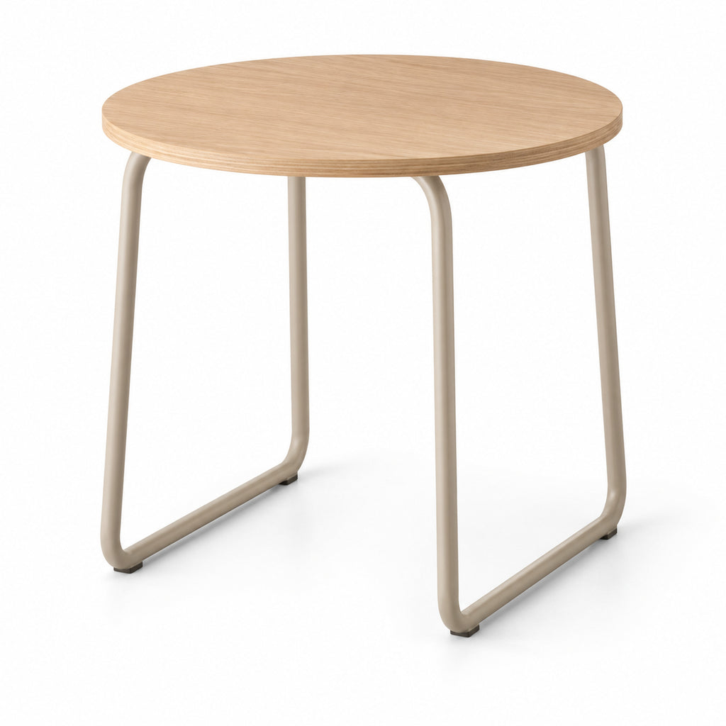 Round Oak Side Table with Sand Steel Sled Base
