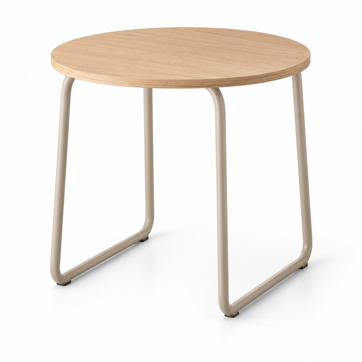 Round Oak Side Table with Sand Steel Sled Base