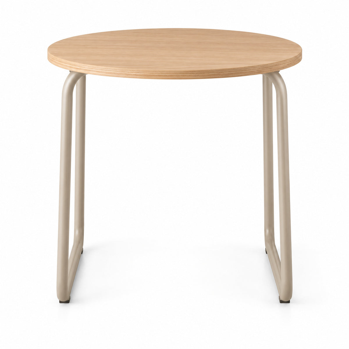 Round Oak Side Table with Sand Steel Sled Base