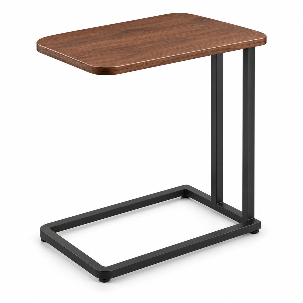 Walnut C-Shaped Sofa Side Table with Steel Frame