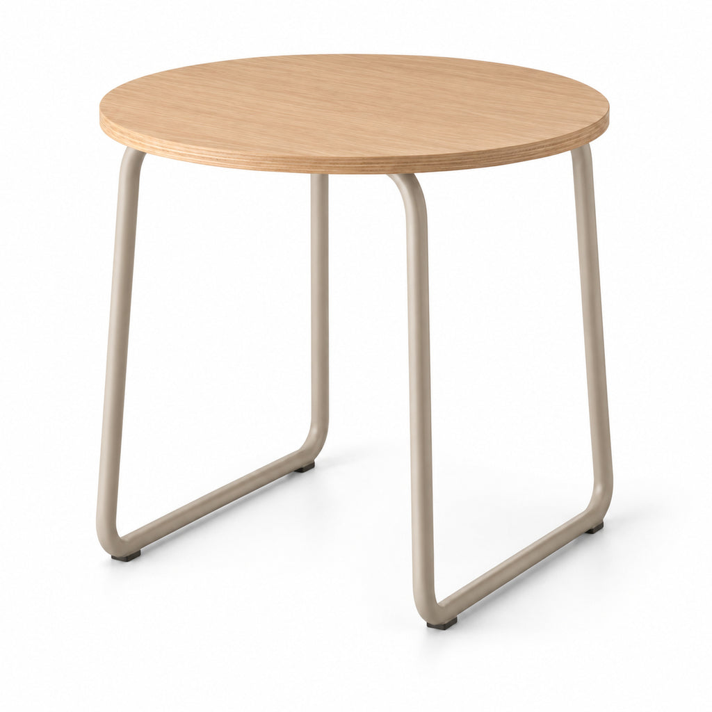 Round Oak Side Table with Sand Steel Sled Base
