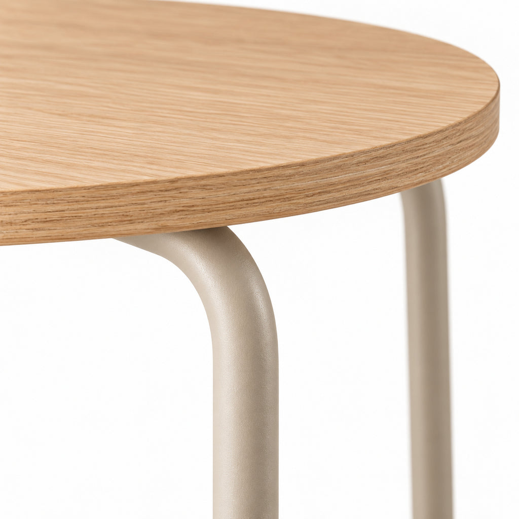 Round Oak Side Table with Sand Steel Sled Base