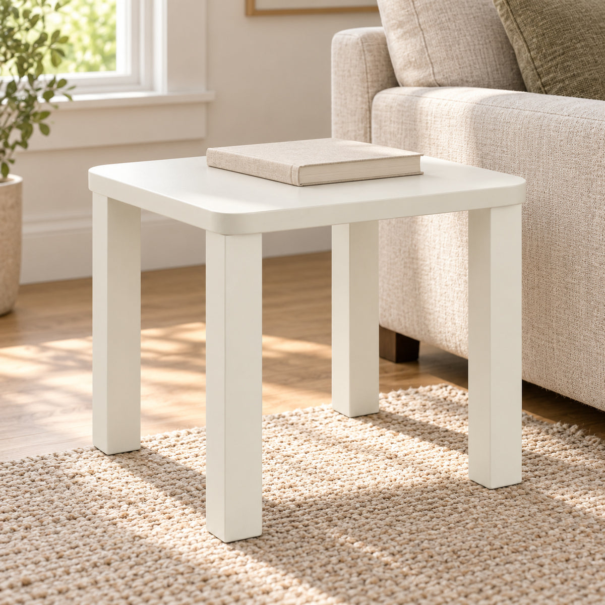 Warm White Soft-Square Side Table with Block Legs