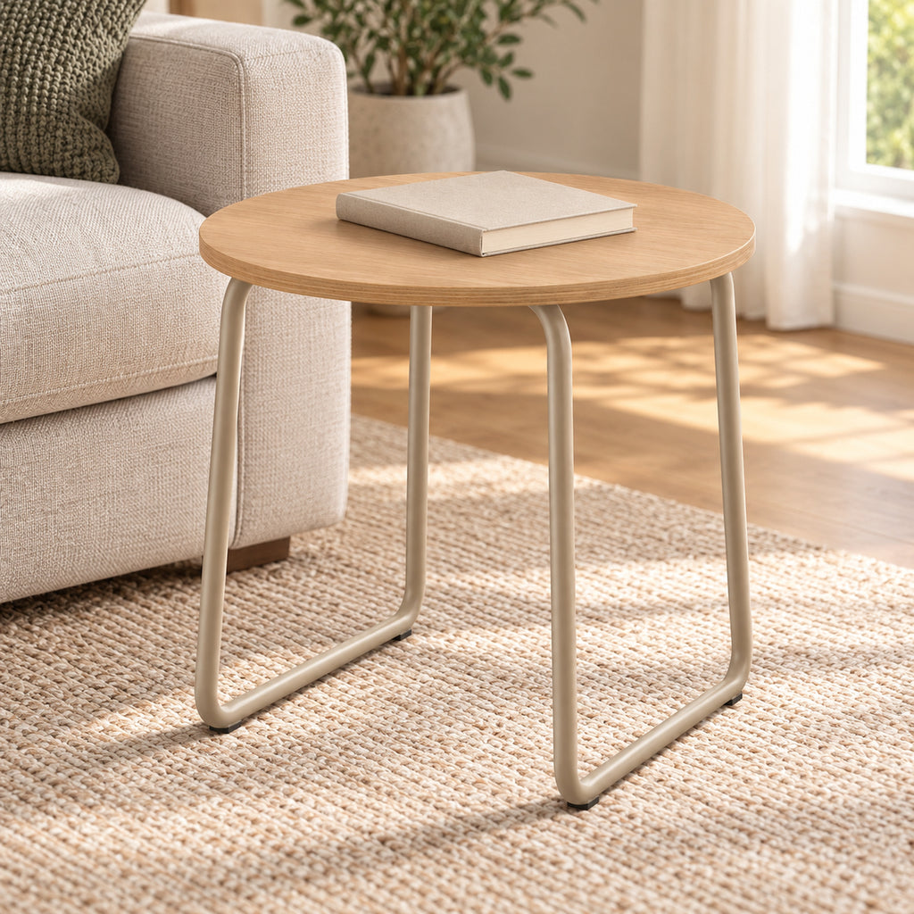 Round Oak Side Table with Sand Steel Sled Base