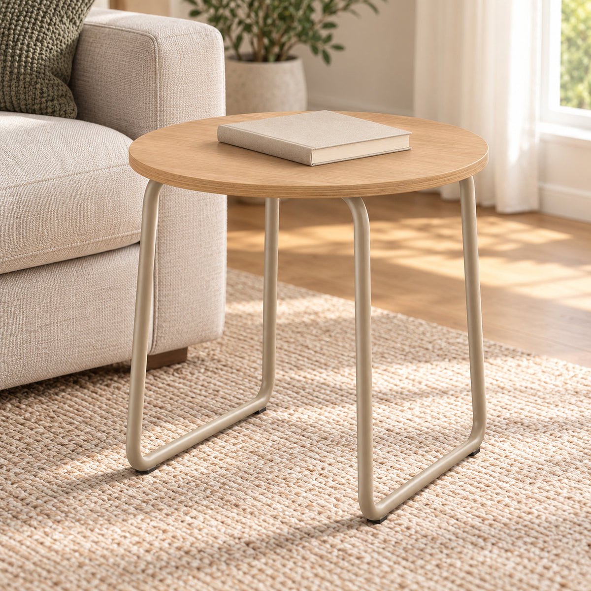 Round Oak Side Table with Sand Steel Sled Base
