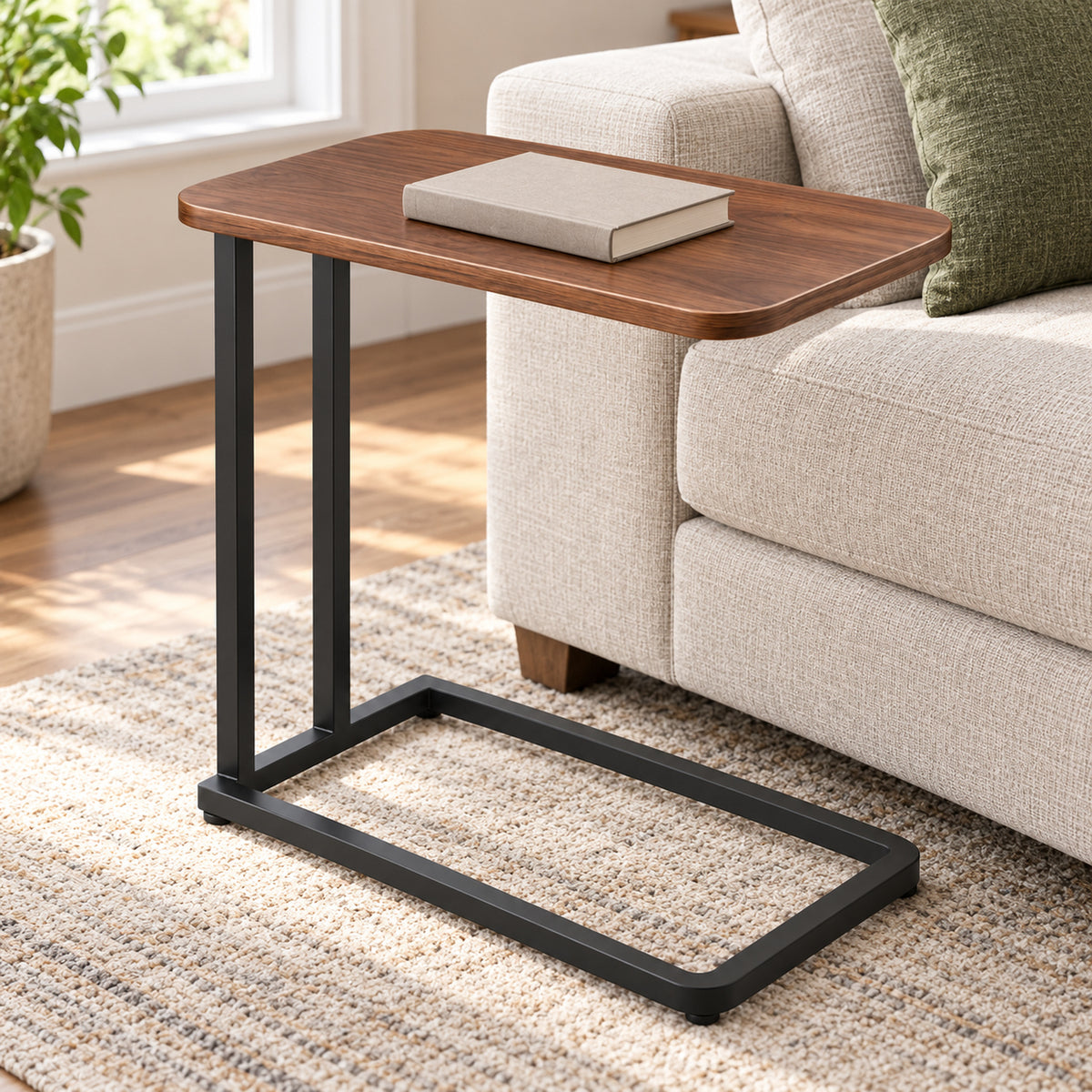 Walnut C-Shaped Sofa Side Table with Steel Frame