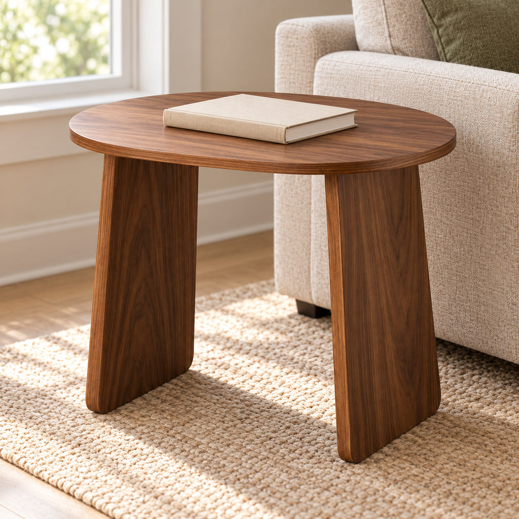 Walnut Oval Side Table with Twin Panel Base