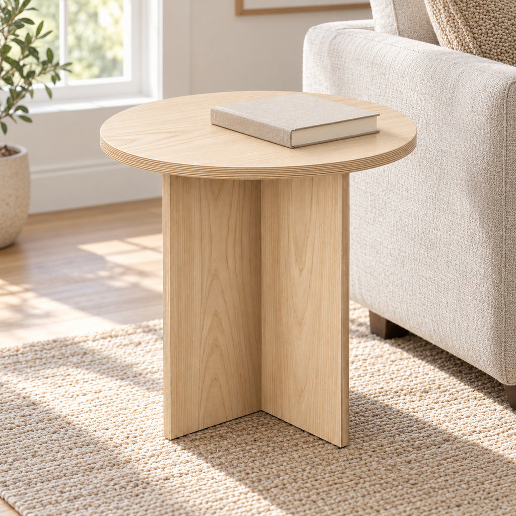 Round Ash Side Table with Interlocking Cross Base