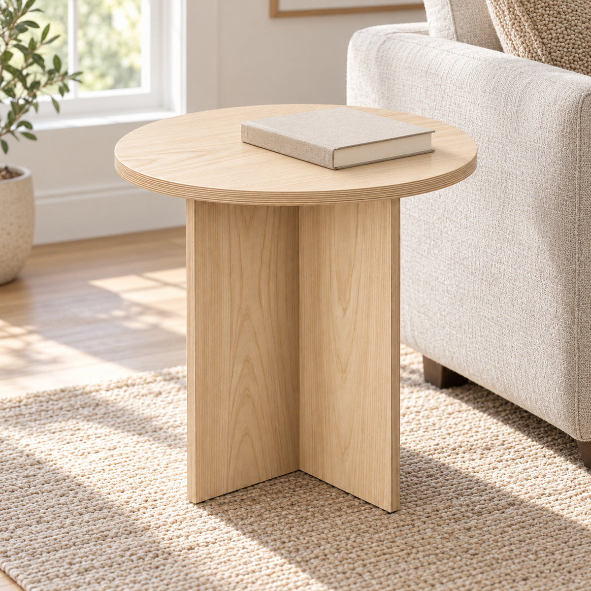 Round Ash Side Table with Interlocking Cross Base