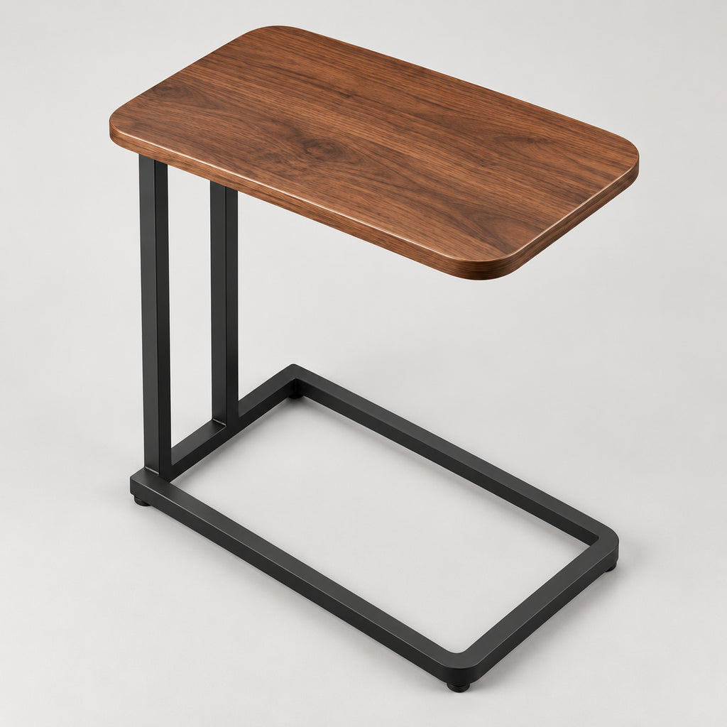 Walnut C-Shaped Sofa Side Table with Steel Frame